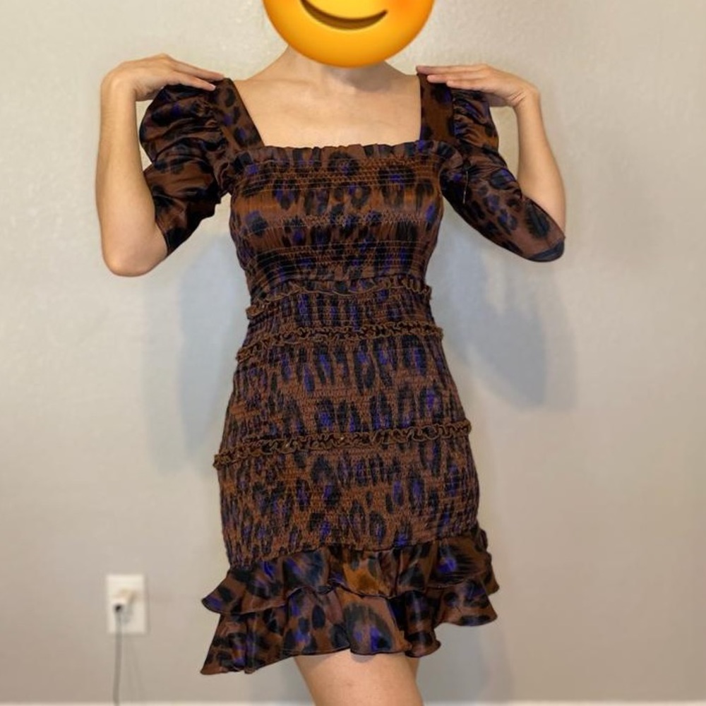 Karlie Smocked Ruffle Leopard Print Square Neck M… - image 1